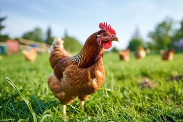 Chicken farming and agriculture on grass field or outdoo