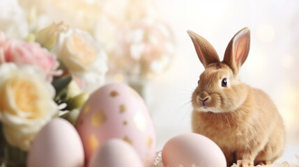 Obraz premium Easter bunny rabbit with colorful eggs, holiday concept