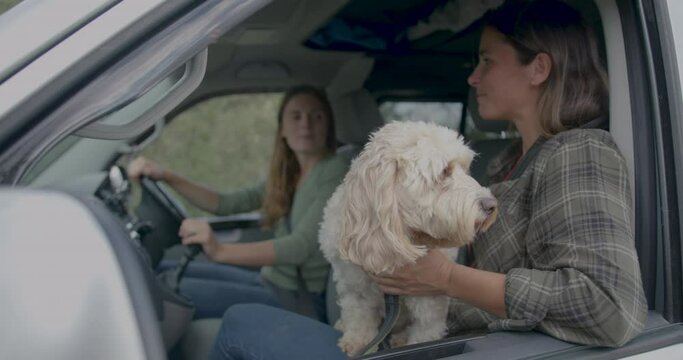 Female Friends with Dog Driving Campervan on Road trip