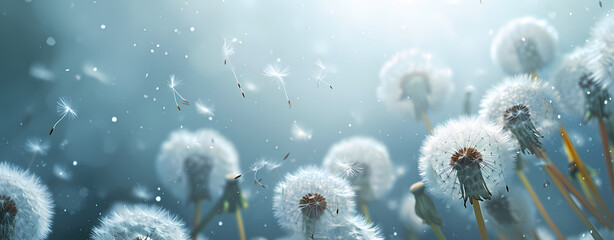 Serenade of Blue: Dandelion Dance in the Wind - Generative AI Background - obrazy, fototapety, plakaty