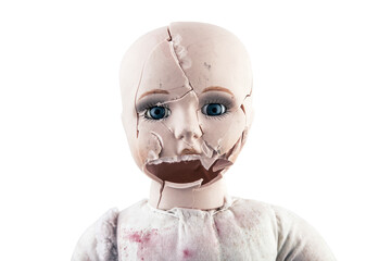 Broken vintage doll head isolated on white background with clipping path