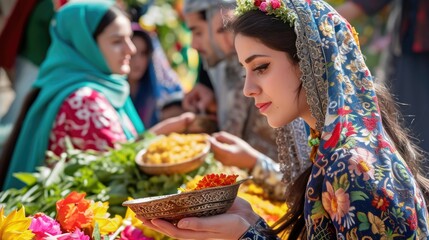 Nowruz Festive Gathering with Traditional Persian Attire and Food