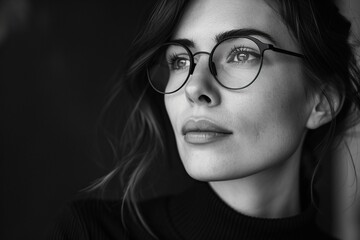 Fototapeta na wymiar beautiful and attractive woman with glasses,black and white
