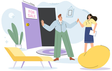 House for sale. Vector illustration The property with mortgage allowed buyer to establish roots in community People looking for home sought professional guidance from real estate agents Buying new