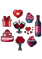 Valentine's Day sticker pack, romantic vector stickers, cute love icons, wine, cake,  glasses, flowers, hearts, latte, cupcake, gift, holiday stickers, valentine, 2d, vector