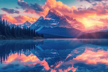 sunrise over the lake.  "Dawn's Majesty: Serene Lake at Mountain Sunrise"