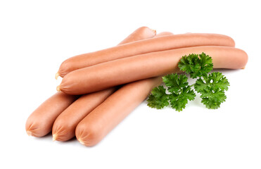 Sausage  with parsley on white background. Sausage for hot dog.