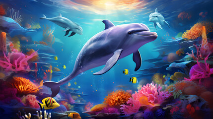Dolphins swimming in the ocean with the sun shining on them,,
