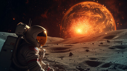 An astronaut on the Moon surface looking at the planet Earth exploding in the distance. (AI created)