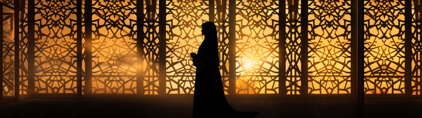 silhouette of muslim woman behind the windows in sunset 