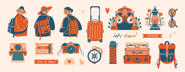Collection of adventure tourism, travel abroad, summer vacation trip, hiking and backpacking. Women, girls with backpacks, suitcase, camera, ticket, compass. Cute isolated clip arts in cartoon style. - obrazy, fototapety, plakaty