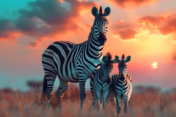 Crédence de cuisine en verre imprimé Zèbre zebras at sunset