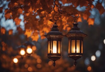 Ornate Lanterns Aglow Amongst Twilight Leaves