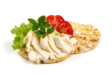 Sandwich with cream cheese and cherry tomatoes, isolated on white background.