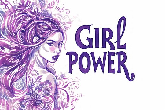 Purple beautiful woman illustration on white, girl power as text
