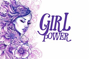 Purple beautiful woman illustration on white, girl power as text 