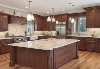 Traditional kitchen in beautiful new luxury home with hardwood floors, wood beams, and large island quartz counters. Includes farmhouse sink, elegant pendant lights, and large windows.
