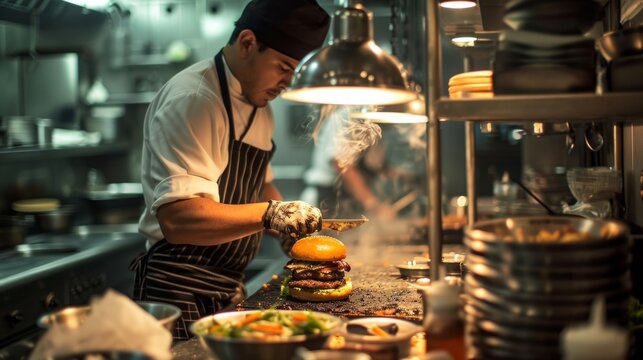 Chef making a hamburger in a restaurant kitchen. Chef at work. Culinary reverence as a chef crafts the perfect holy hamburger in a gourmet kitchen. 