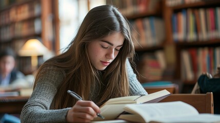 Portrait of a young female student preparing for exams in a library Determined student studying diligently in a library, surrounded by books and notes.