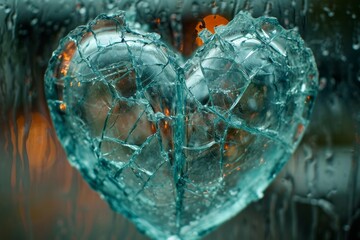 glass heart on a dark gray background. The glass is cracking, symbolising a broken heart. Abstract conceptual artwork.