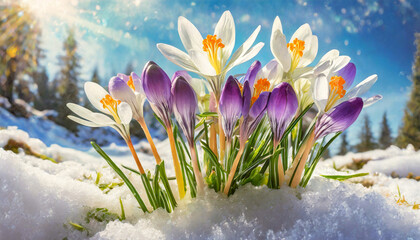 Closeup of a group of snowdrop flowers blooming in winter or spring under the snow. Generative Ai.