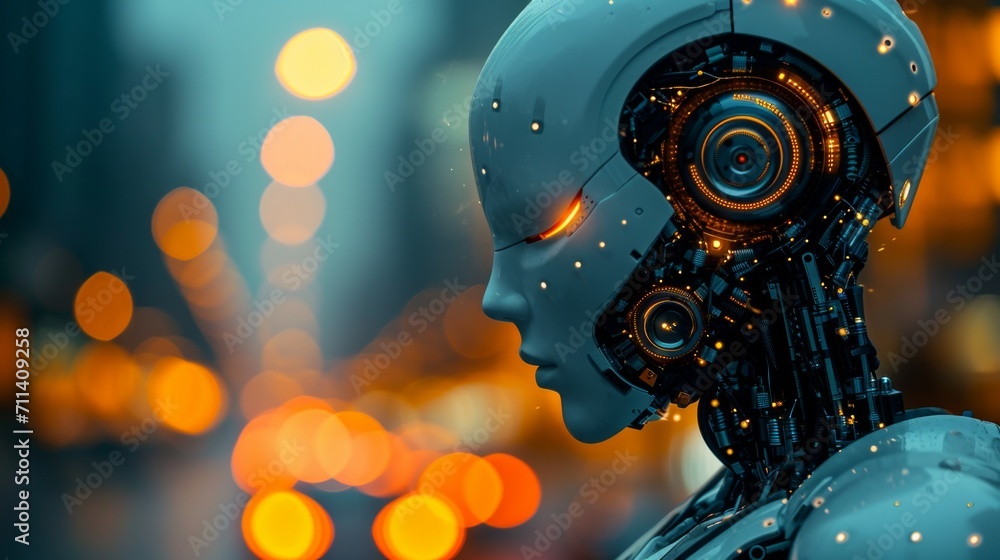Aufkleber ai robot on dark blur background with copy space for text.