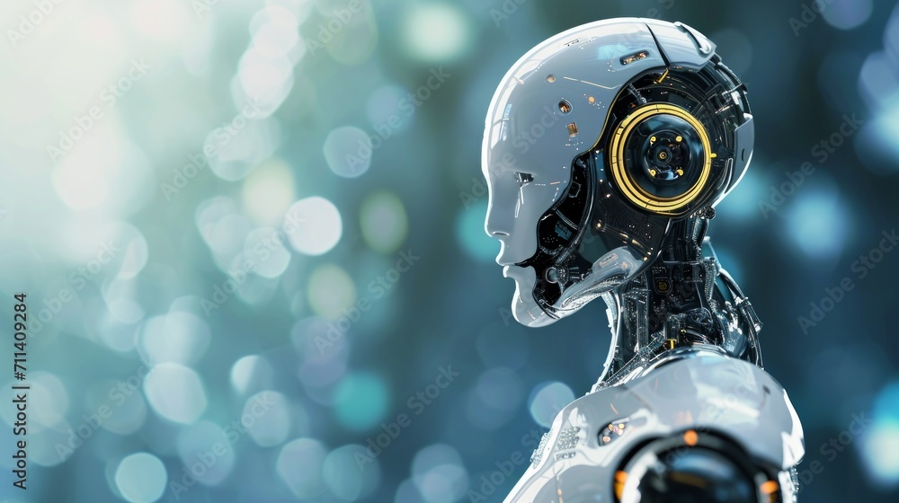Poster ai robot on dark blur background with copy space for text.