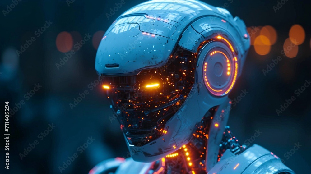 Poster ai robot on dark blur background with copy space for text.