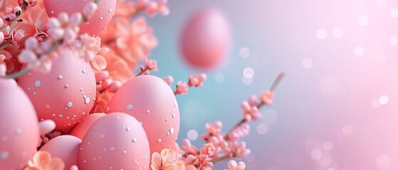 Easter pink colored eggs with spring blooming flowers background. Futuristic 3D Render Easter Eggs in pink color. Springtime festive holiday banner for ad with copy space for text. Raster photo.