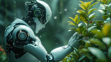 AI humanoid robot delicately touching a plant. Technology and nature concept. Robotic hands and green nature background