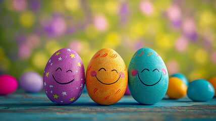 Colorful funny Easter eggs with a smile on their face on a beautiful spring background - obrazy, fototapety, plakaty