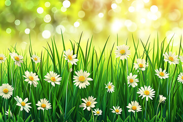Fototapeta na wymiar Spring Symphony Illustration of Lush Green Grass Adorned with Blooming daisy Flowers in bokeh light background, Capturing the Vibrancy of the Season.