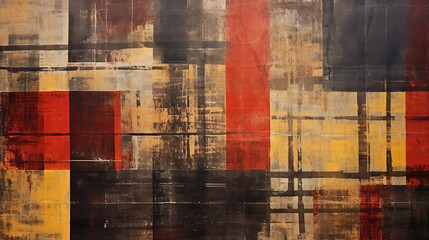 A grungy fabric with red, yellow and brown patterns on it, dark brown and dark black, crossed colors, bold color scheme, grid-based, small brushstrokes, multilayered