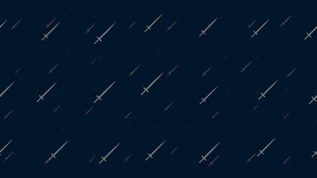 Sword symbols float horizontally from left to right. Parallax fly effect. Floating symbols are located randomly. Seamless looped 4k animation on dark blue background