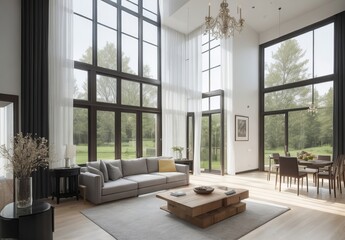 Modern Contemporary living and kitchen room interior .white and wood material 3d render
