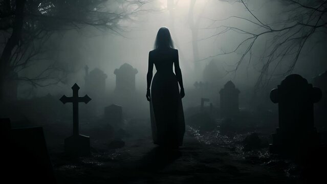 A black and white silhouette of a woman standing in a graveyard in the fog standing over a freshly dug up grave.
