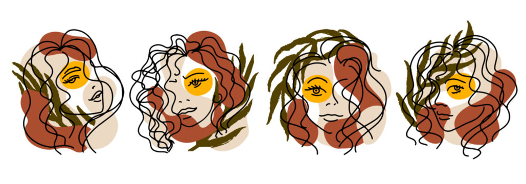 Trend Set of portraits of women with palm leaves and abstract terracotta, beige and yellow spots. Hand-drawn minimalistic lines. Isolated vector illustration ideal for social networks.