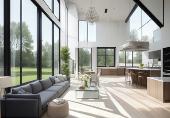 Fototapeta premium Modern Contemporary living and kitchen room interior .white and wood material 3d render 