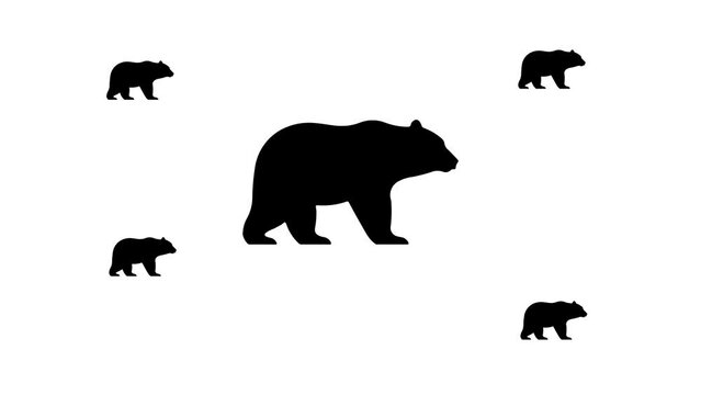 Zoom in and out animation the bear symbol. Large black symbol in the center and four small symbols around. Seamless looped 4k animation on white background
