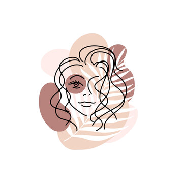 Trend portrait of a woman with palm leaves and abstract spots of different skin tones. Hand drawn minimalistic lines. Isolated vector illustration ideal for social networks.