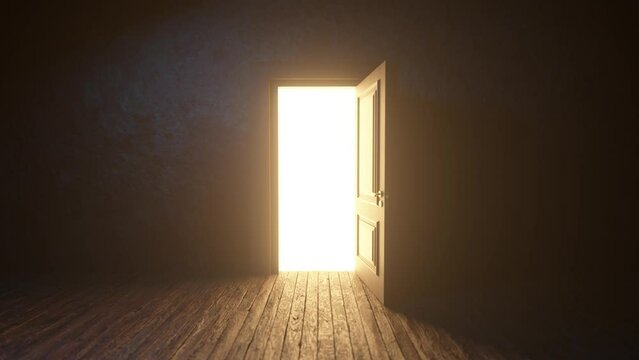 Brown wooden door to the universe. The door opens filling with bright warm light. Room with wooden textured floor. Forward movement. Entrance or exit, way out concept. 3D animation, 4K