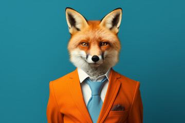 cunning businessman fox in a business suit, successful businessman fox, handsome fox in a business orange suit on a blue background, generative ai - obrazy, fototapety, plakaty