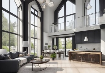 Obraz premium Modern Contemporary living and kitchen room interior .white and wood material 3d render 