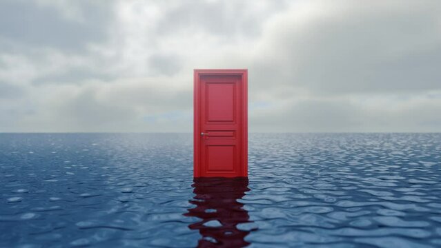 Red closed door in the middle of the sea. Secret of the sea. A mysterious red door emerging from the depths. Symbol of new career, opportunities, business ventures and initiative. 3D Loop Animation