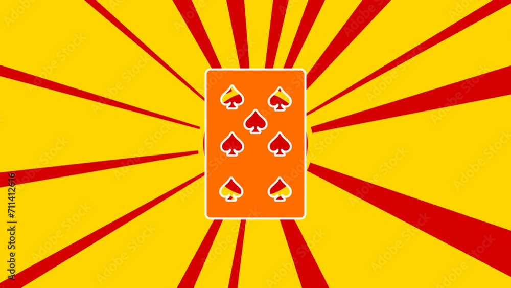 Poster seven of spades playing card on the background of animation from moving rays of the sun. large orang