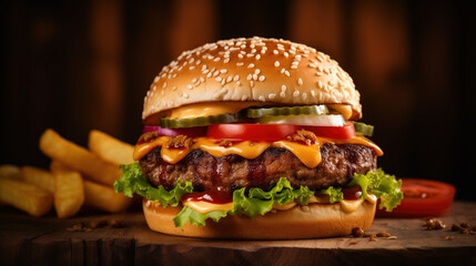 Burger on dark background. Tasty burger on table