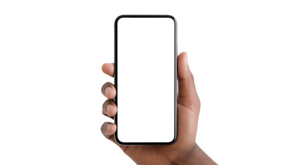 Smartphone in hand with transparent background. Mobile phone in hand cut out - obrazy, fototapety, plakaty