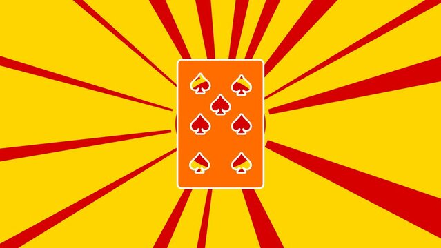Seven of spades playing card on the background of animation from moving rays of the sun. Large orange symbol increases slightly. Seamless looped 4k animation on yellow background