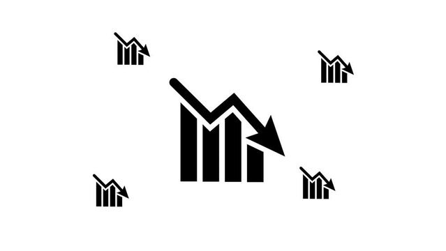 Zoom in and out animation the chart down symbol. Large black symbol in the center and four small symbols around. Seamless looped 4k animation on white background