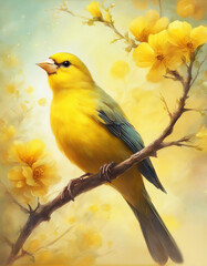 Yellow bird on a branch of cherry blossoms.	 - obrazy, fototapety, plakaty